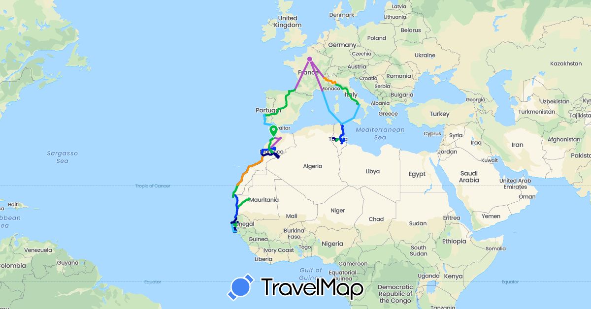 TravelMap itinerary: driving, bus, cycling, train, boat, hitchhiking, taxis collectifs in Spain, France, Gambia, Italy, Morocco, Mauritania, Portugal, Senegal, Tunisia (Africa, Europe)